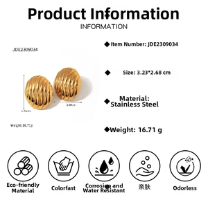 Détail des boucles d'oreilles ovales en acier inoxydable doré avec spécifications techniques