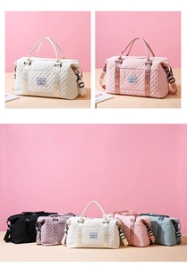 Quilted travel bags in multiple colors featuring top handles and detachable shoulder straps