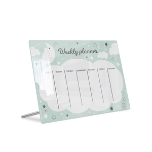 Detailed view of clear acrylic weekly planner with polar bear illustration and metal stand