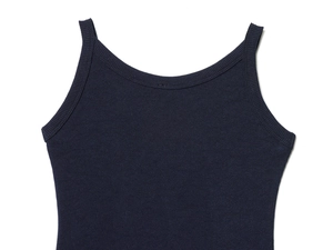 Detailed close-up of navy blue ribbed knit tank top fabric and strap stitching details