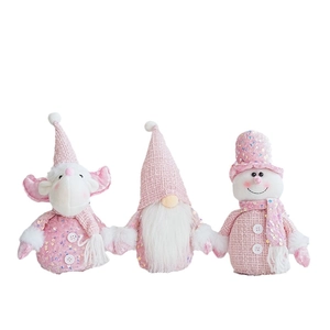 Pink Christmas plush gnome and snowman dolls set for holiday home tabletop decoration