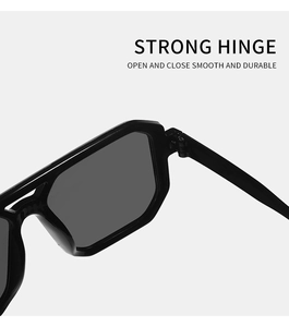 Detail view of the strong reinforced hinge on high-quality black square sunglasses