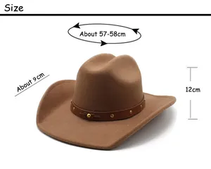 Size chart showing 57-58cm circumference and 9cm brim for the brown felt cowboy hat