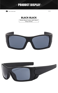 Front and side views of matte black sports sunglasses with wide temples and grey lenses
