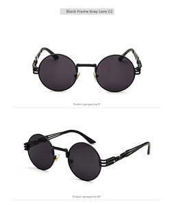 Steampunk round sunglasses with black frames and metallic hollow temples in two views