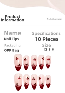 Detailed size chart for almond press-on nails with 3D cherry and French red design