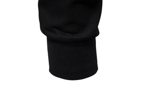 Macro shot of black long-sleeve polo shirt cuff showing detailed ribbed knit texture