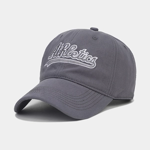 Detailed close-up of dark grey baseball cap featuring white 3D Athletics embroidery