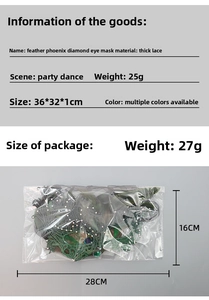 Detail of green lace feather mask with dimensions and packaging specifications