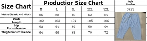 Size chart for casual women trousers showing waist and length measurements in cm