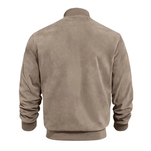 Detailed back view of khaki faux suede bomber jacket with ribbed collar and cuffs