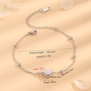 Stainless steel beaded bracelet with heart pendant and adjustable lobster clasp for women