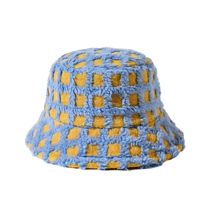 Winter plush bucket hat with blue and yellow plaid pattern on a clean white background