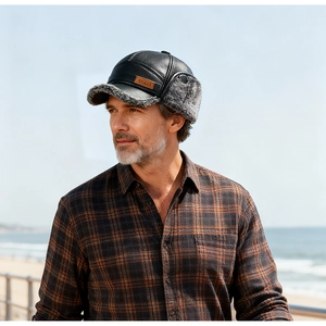 Close-up of men's winter leather bomber hat featuring plush lining and ear flaps