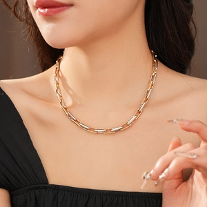 Close-up of gold and silver mixed chain link necklace worn by a female model on neck