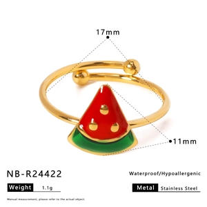 Technical size chart showing a 17mm gold stainless steel ring with watermelon enamel detail