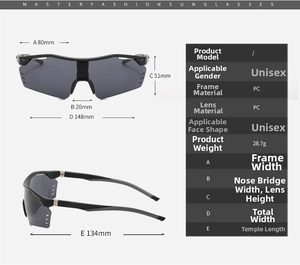 Detailed size specifications for cycling sunglasses including frame width and temple length