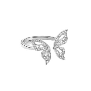 Silver butterfly open ring with sparkling white zircon stones in minimalist metal design
