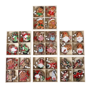 Set of 12 festive wooden Christmas tree ornaments featuring gnomes and gingerbread men