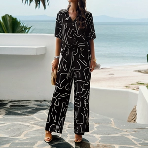 Women Viscose Vacation Outfit Short Sleeve Button Up Shirt And High Waisted Wide Leg Pants Tropical Print Summer Casual