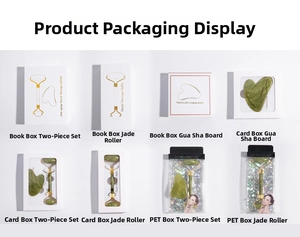 Macro display of diverse packaging styles for natural green jade rollers and gua sha tools