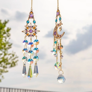 Golden sun and moon crystal suncatchers with colorful beads for garden and home decor