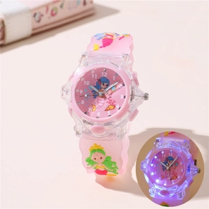 Orologio rosa a sirena per bambini con luce LED e cinturino in silicone goffrato