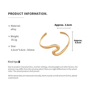 Size chart showing gold wavy alloy cuff bracelet dimensions 6.6cm by 3.6cm and 16.1g weight