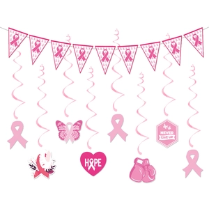 Breast Cancer Awareness Party Decorations Pink Ribbon Paper Banner Hanging Swirls And Cake Toppers Charity Event Hope