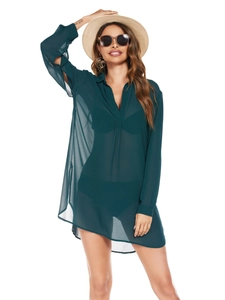 Women Chiffon Beach Cover Up Sheer Long Sleeve Button Down Shirt Side Split Summer Sun Protection Swimsuit Outerwear