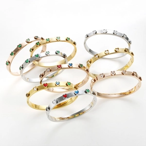 Fashionable stainless steel heart bangles with colorful zircon stones in gold and silver