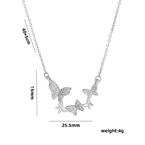 Silver butterfly necklace with zircon stones and polished finish on white background