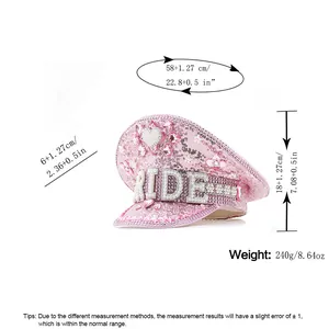 Size chart for pink sequin bride captain hat with rhinestone letters and heart jewel