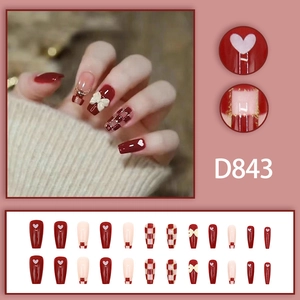 New Year red checkerboard bow heart long ballet press-on nails with sparkling finish