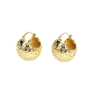 Elegant gold-tone round hoop earrings with unique irregular relief lava texture finish