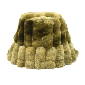 Detail of olive green faux fur bucket hat featuring vertical striped plush texture
