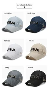 Detailed grid display of mesh baseball caps featuring NY&JA embroidery in six colors