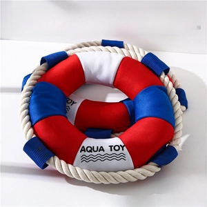 Detail of red and white dog water toy lifebuoy with braided rope and Aqua Toy logo