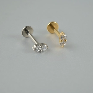 Studs de labret en titane doré et argenté avec double pierres précieuses brillantes