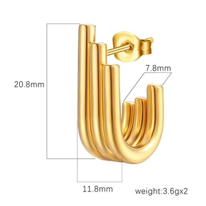 Vintage irregular layered U-shaped gold stainless steel earrings with size dimensions