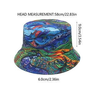 Size guide for colorful graffiti bucket hat showing height, brim width and head circumference