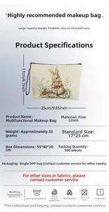 Detailed size specifications and material info for Easter rabbit linen makeup bag