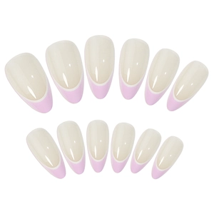 Faux ongles amande french avec pointes rose clair et accents d'arc blanc brillant
