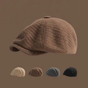 Retro Newsboy Cap Woolen Tweed Herringbone Octagonal Beret Hat British Style Winter Warm Adjustable Outdoor Unisex