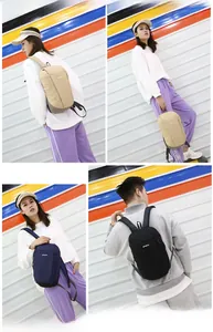 Detail view of multi-color lightweight sports backpacks shown on models for outdoor use