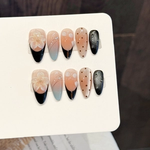 Press On Nails Hand Made Almond Shape 3D Flowers Artificial Pearls Rhinestones Black Pink Contrast Gradient Cat Eye Elegant Women