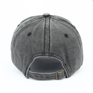 Vintage washed charcoal denim baseball cap with 3D embroidery and adjustable metal buckle