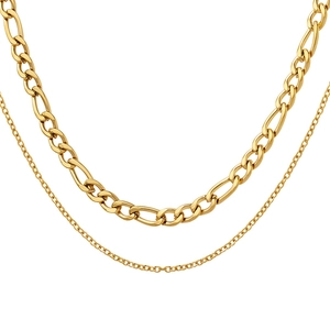 Collier double épaisseur en or avec mailles Figaro et forçat au fini métal poli brillant