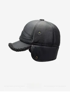 Detail of men's winter leather cap with warm fleece ear flaps and metal buckle