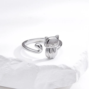 Minimalist 925 sterling silver open cat ring with adjustable tail design for women